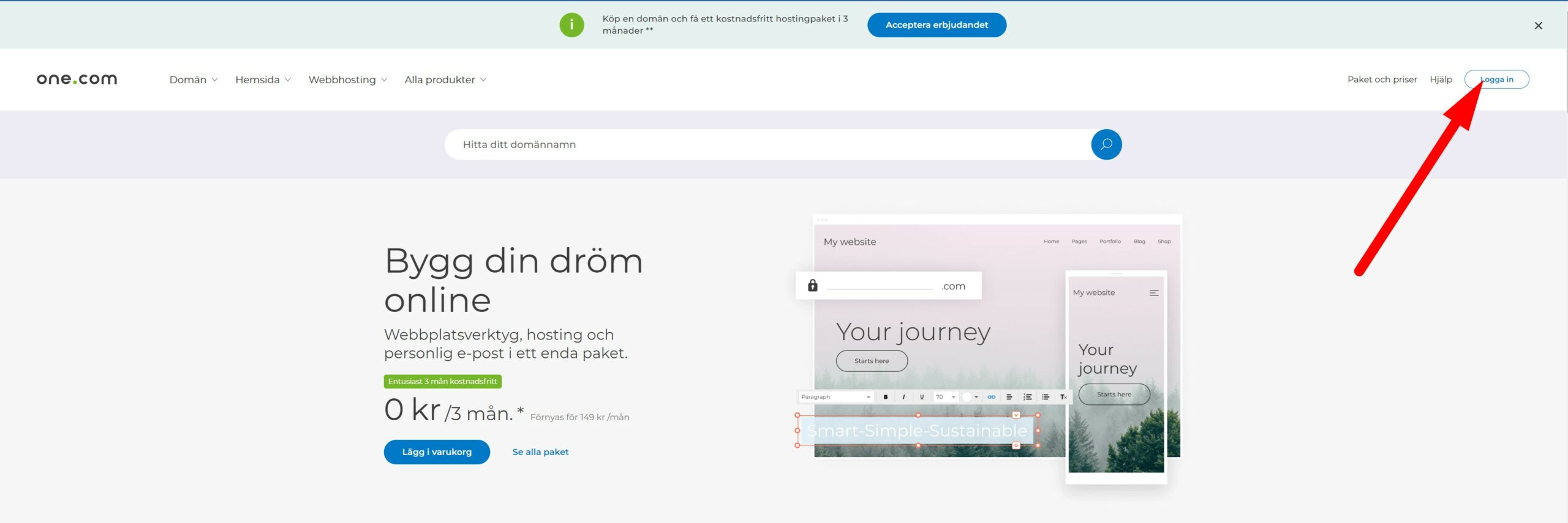 One.com startsida – klicka på Logga in
