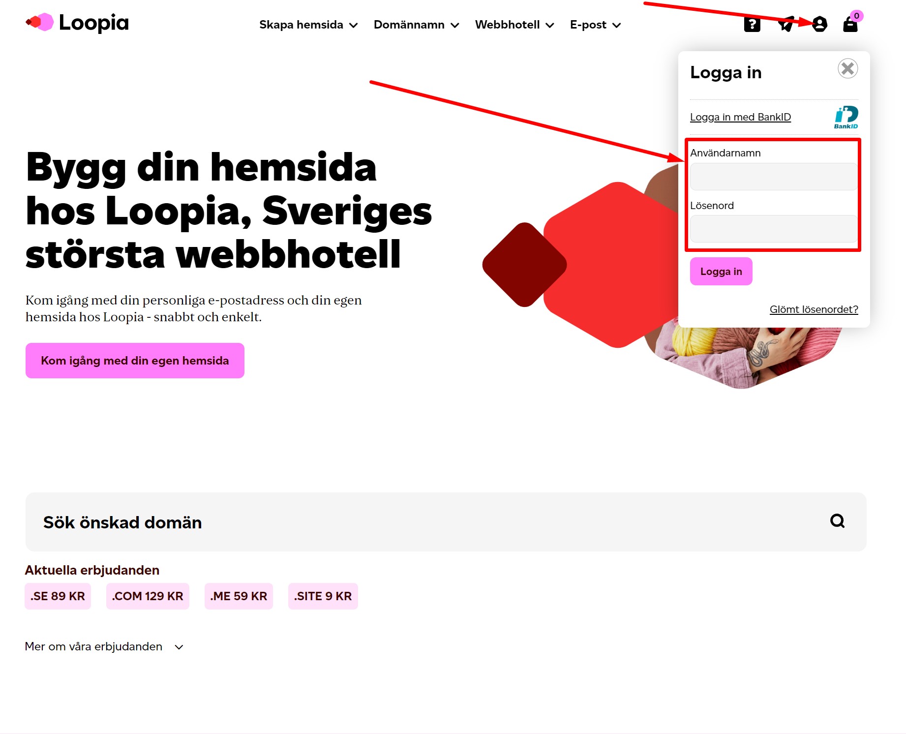 Loopia startsida – klicka på personikonen