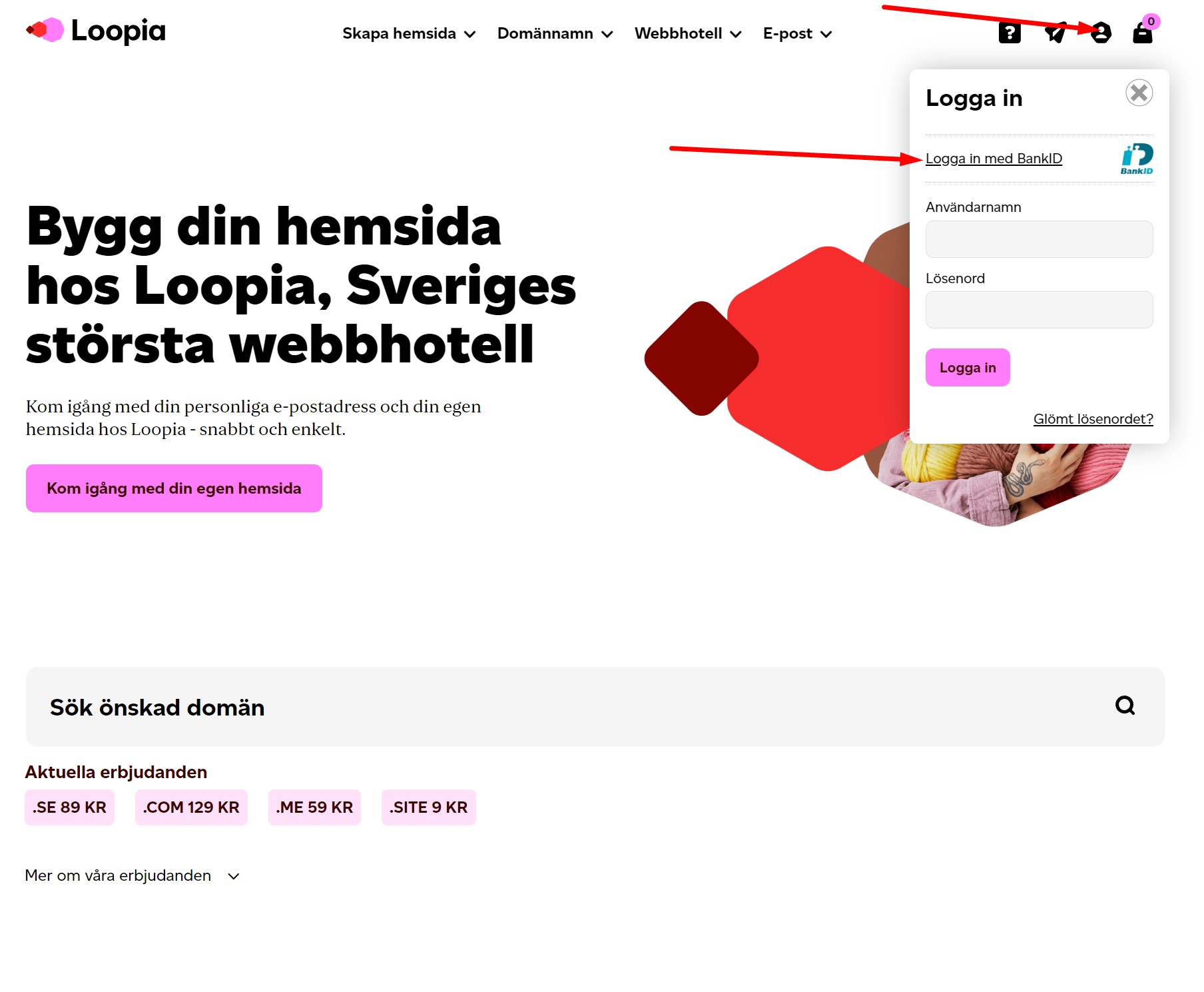 Loopia inloggningssida